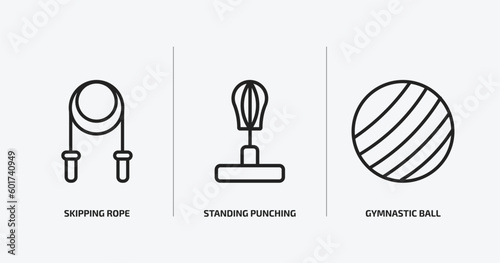 gym and fitness outline icons set. gym and fitness icons such as skipping rope, standing punching ball, gymnastic ball vector. can be used web and mobile.