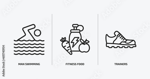 gym and fitness outline icons set. gym and fitness icons such as man swimming, fitness food, trainers vector. can be used web and mobile.