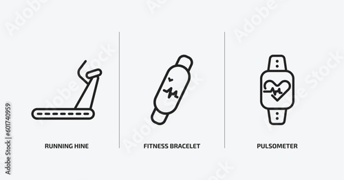 gym and fitness outline icons set. gym and fitness icons such as running hine, fitness bracelet, pulsometer vector. can be used web and mobile.