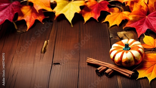 Autumn Bliss: A Cozy Seasonal Arrangement of Leaves, Pumpkins, and Cinnamon on a Rustic Wood Background photo
