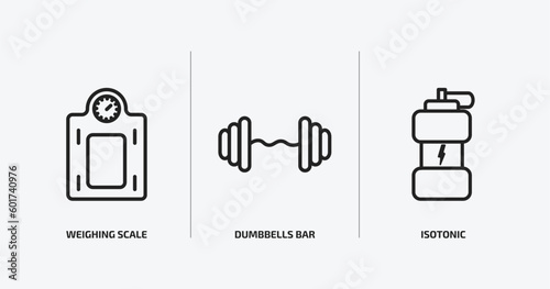 gym and fitness outline icons set. gym and fitness icons such as weighing scale, dumbbells bar, isotonic vector. can be used web and mobile.