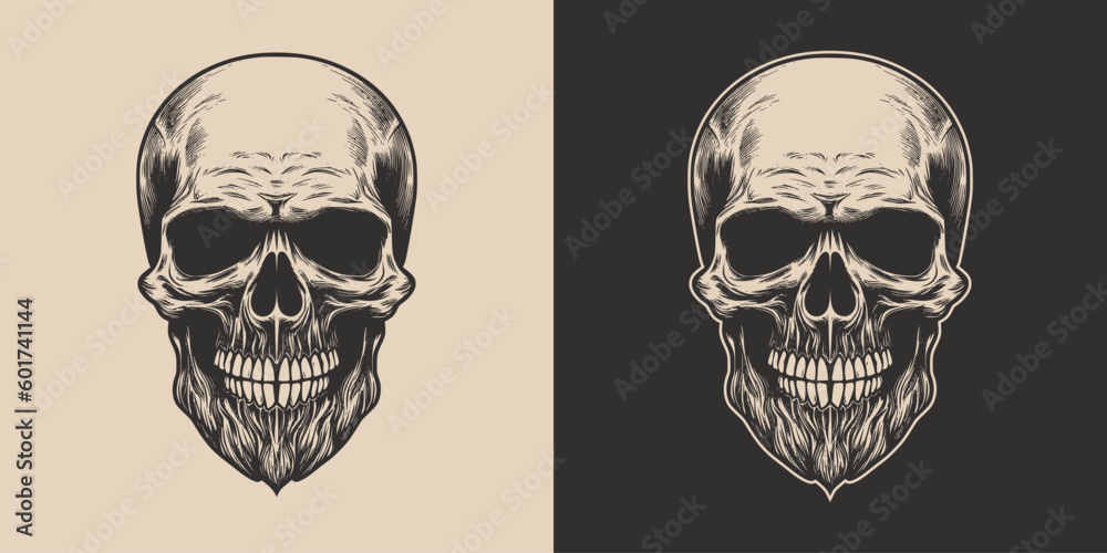 Set of vintage retro scary hipster skull. Can be used like emblem, logo, badge, label. mark, poster or print. Monochrome Graphic Art. Vector. Hand drawn element in engraving