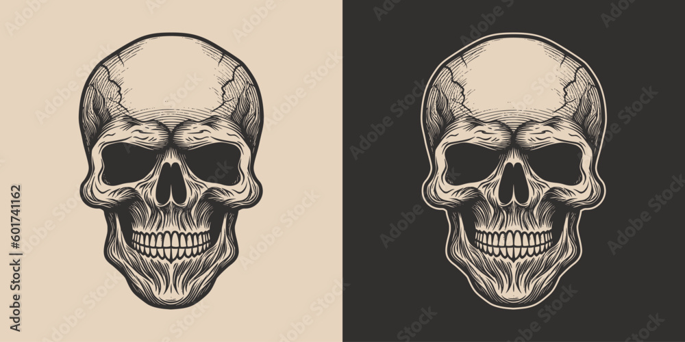 Set of vintage retro scary hipster skull. Can be used like emblem, logo, badge, label. mark, poster or print. Monochrome Graphic Art. Vector. Hand drawn element in engraving