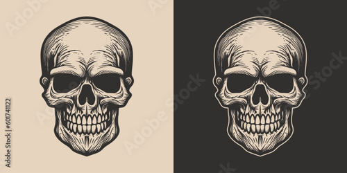 Set of vintage retro scary hipster skull. Can be used like emblem, logo, badge, label. mark, poster or print. Monochrome Graphic Art. Vector. Hand drawn element in engraving