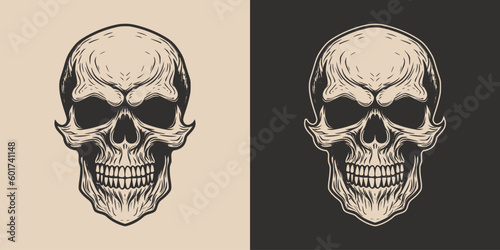 Set of vintage retro scary hipster skull. Can be used like emblem, logo, badge, label. mark, poster or print. Monochrome Graphic Art. Vector. Hand drawn element in engraving © Graphic Warrior