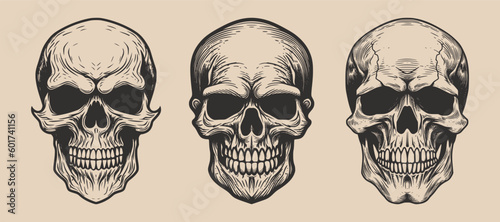 Set of vintage retro scary hipster skull. Can be used like emblem, logo, badge, label. mark, poster or print. Monochrome Graphic Art. Vector. Hand drawn element in engraving