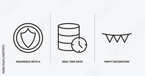 general outline icons set. general icons such as insurance with a button, real time data, party decoration vector. can be used web and mobile.