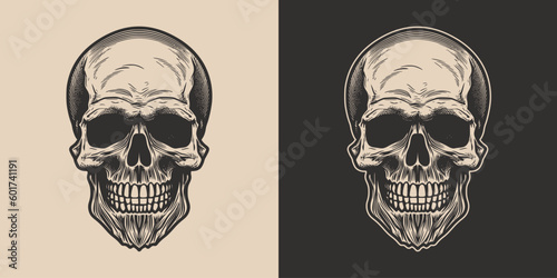 Set of vintage retro scary hipster skull. Can be used like emblem, logo, badge, label. mark, poster or print. Monochrome Graphic Art. Vector. Hand drawn element in engraving