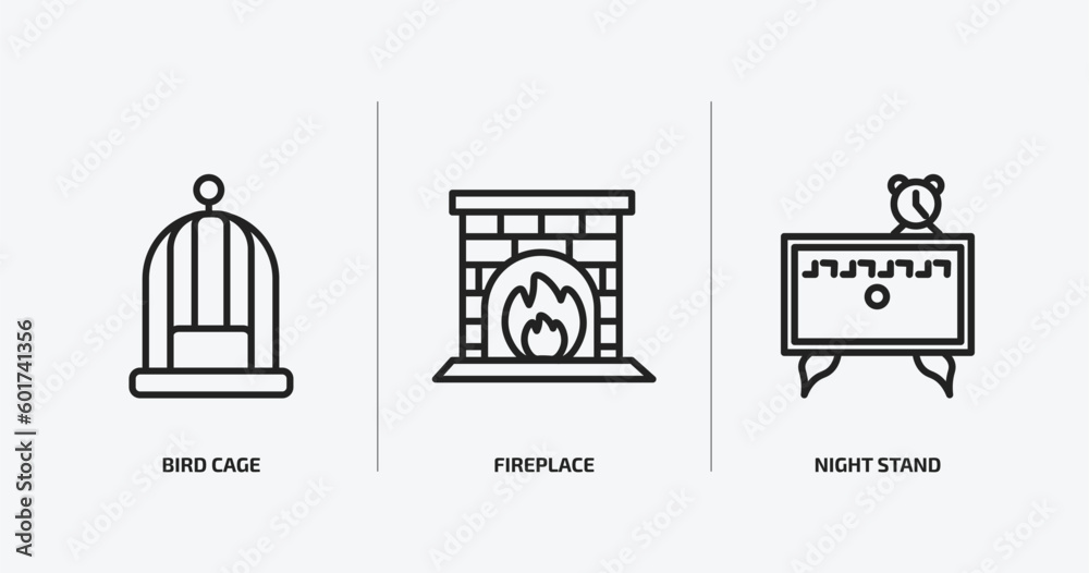 furniture & household outline icons set. furniture & household icons such as bird cage, fireplace, night stand vector. can be used web and mobile.