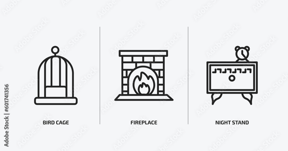 Naklejka premium furniture & household outline icons set. furniture & household icons such as bird cage, fireplace, night stand vector. can be used web and mobile.