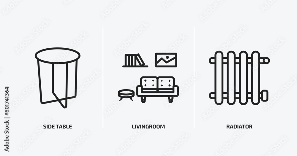 furniture & household outline icons set. furniture & household icons such as side table, livingroom, radiator vector. can be used web and mobile. furniture & household outline icons set. furniture & household icons such as side table, livingroom, radiator vector. can be used web and mobile.