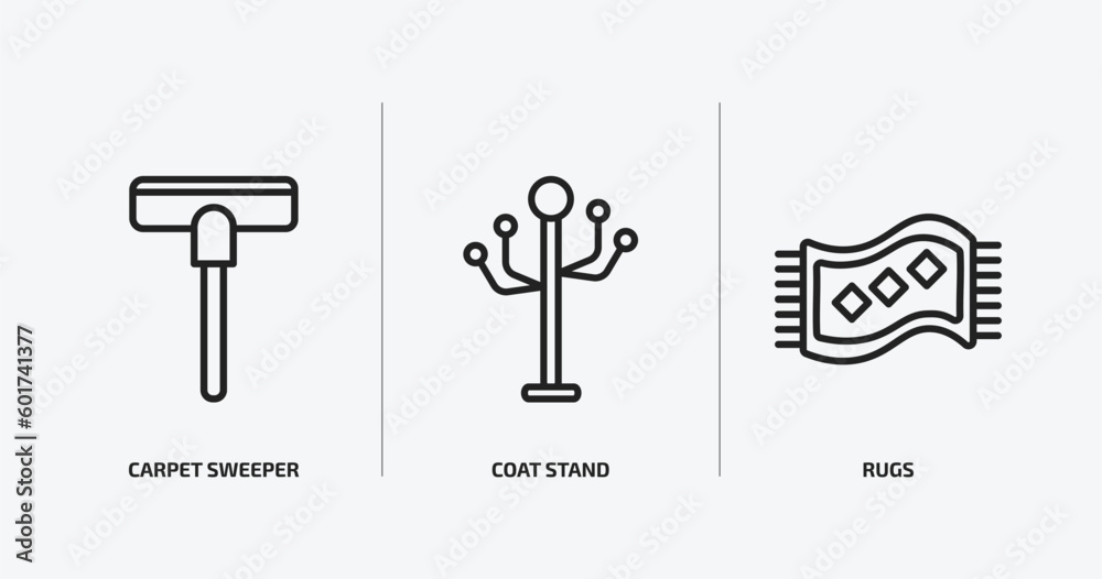 furniture & household outline icons set. furniture & household icons such as carpet sweeper, coat stand, rugs vector. can be used web and mobile.
