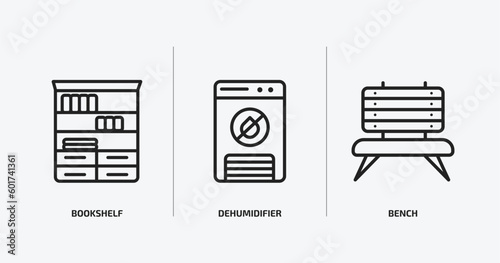 furniture & household outline icons set. furniture & household icons such as bookshelf, dehumidifier, bench vector. can be used web and mobile.