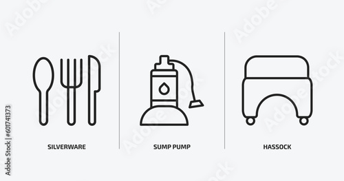 furniture & household outline icons set. furniture & household icons such as silverware, sump pump, hassock vector. can be used web and mobile.