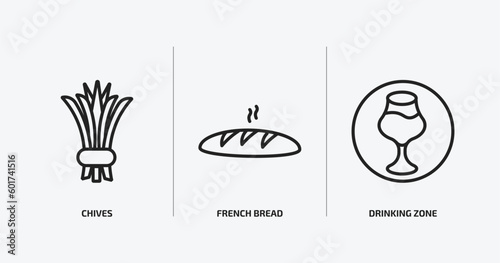 food outline icons set. food icons such as chives, french bread, drinking zone vector. can be used web and mobile.