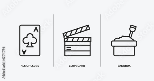 entertainment outline icons set. entertainment icons such as ace of clubs, clapboard, sandbox vector. can be used web and mobile.