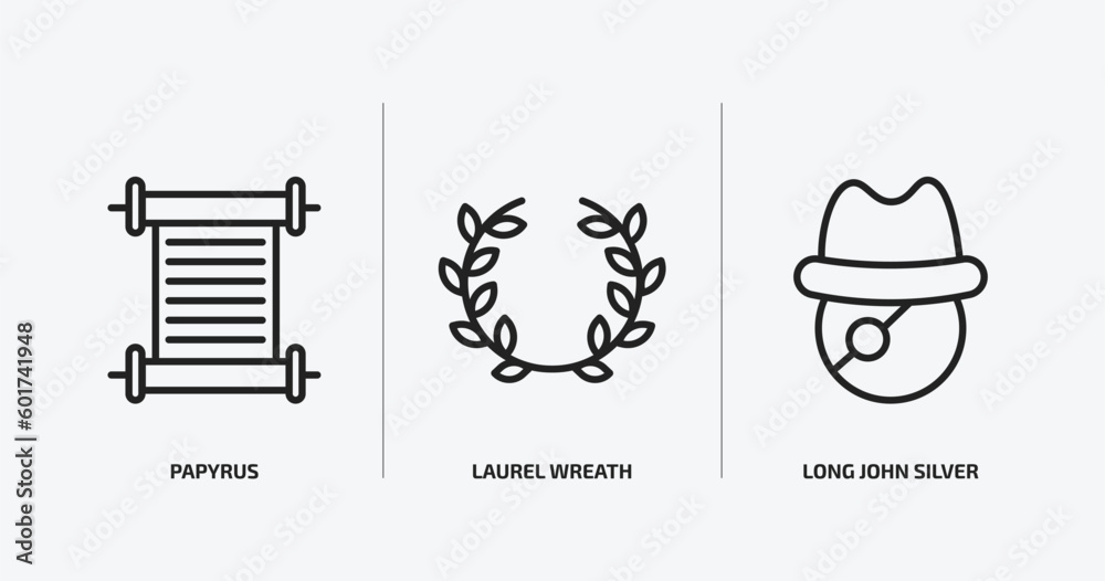 education outline icons set. education icons such as papyrus, laurel wreath, long john silver vector. can be used web and mobile.