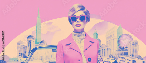 60s retro style fashion collage, woman wearing clothing with sunglasses. Soft Pink travel collage with retro city look and film grain, Generative AI