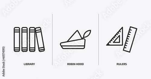 education outline icons set. education icons such as library, robin hood, rulers vector. can be used web and mobile.