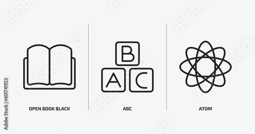 education outline icons set. education icons such as open book black cover, abc, atom vector. can be used web and mobile.