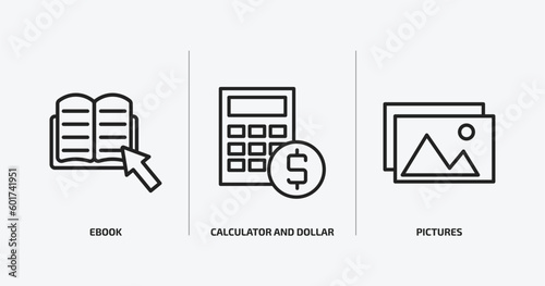education outline icons set. education icons such as ebook, calculator and dollar, pictures vector. can be used web and mobile.