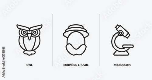 education outline icons set. education icons such as owl, robinson crusoe, microscope vector. can be used web and mobile.