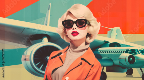 60s retro style fashion collage, woman wearing clothing red lips and sunglasses. travel collage with retro plane and film grain, Generative AI