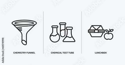 education outline icons set. education icons such as chemistry funnel, chemical test tube, lunchbox vector. can be used web and mobile.