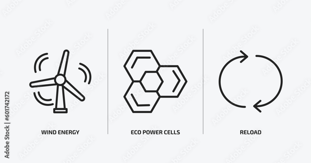 ecology outline icons set. ecology icons such as wind energy, eco power cells, reload vector. can be used web and mobile. ecology outline icons set. ecology icons such as wind energy, eco power cells, reload vector. can be used web and mobile.
