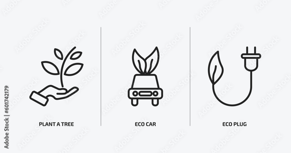 ecology outline icons set. ecology icons such as plant a tree, eco car, eco plug vector. can be used web and mobile.