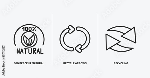 ecology outline icons set. ecology icons such as 100 percent natural, recycle arrows, recycling vector. can be used web and mobile.