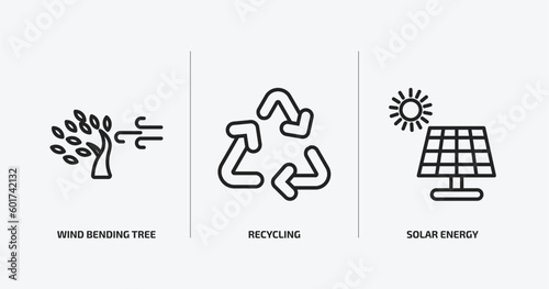 ecology outline icons set. ecology icons such as wind bending tree, recycling, solar energy vector. can be used web and mobile.