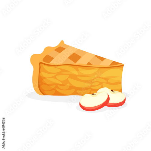 Traditional piece of apple pie. Sweet american cake with apples. Сharlotte vector illustration in trendy flat style isolated on white background.