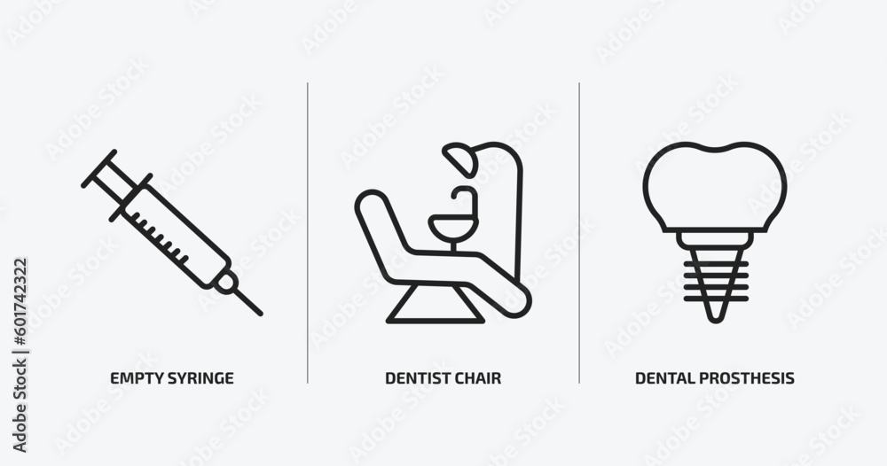 dentist outline icons set. dentist icons such as empty syringe, dentist chair, dental prosthesis vector. can be used web and mobile. dentist outline icons set. dentist icons such as empty syringe, dentist chair, dental prosthesis vector. can be used web and mobile.