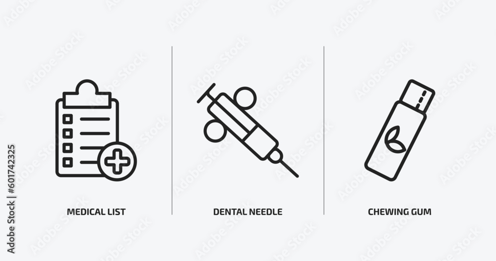 dentist outline icons set. dentist icons such as medical list, dental needle, chewing gum vector. can be used web and mobile. dentist outline icons set. dentist icons such as medical list, dental needle, chewing gum vector. can be used web and mobile.