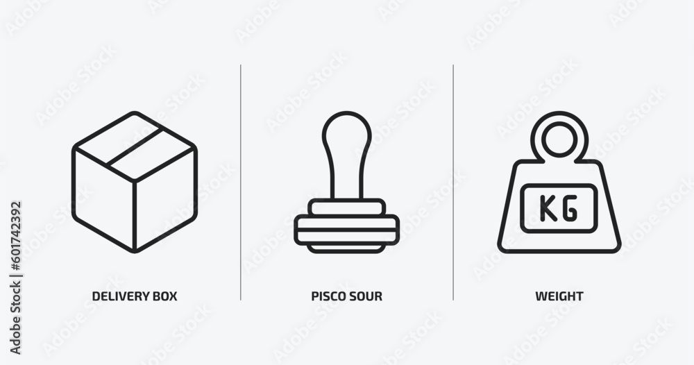 delivery and logistic outline icons set. delivery and logistic icons such as delivery box, pisco sour, weight vector. can be used web and mobile.