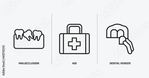 dentist outline icons set. dentist icons such as malocclusion, aid, dental veneer vector. can be used web and mobile.