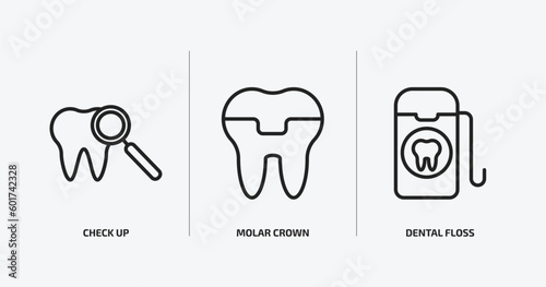 dentist outline icons set. dentist icons such as check up, molar crown, dental floss vector. can be used web and mobile.