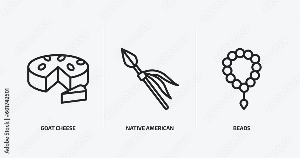 cultures outline icons set. cultures icons such as goat cheese, native american spear, beads vector. can be used web and mobile.
