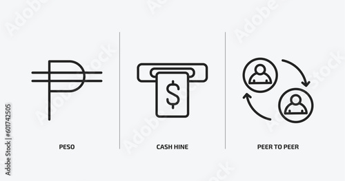 cryptocurrency outline icons set. cryptocurrency icons such as peso, cash hine, peer to peer vector. can be used web and mobile.