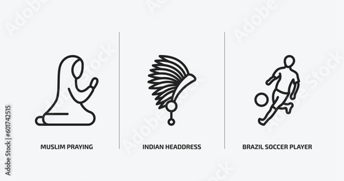 culture outline icons set. culture icons such as muslim praying, indian headdress, brazil soccer player vector. can be used web and mobile.