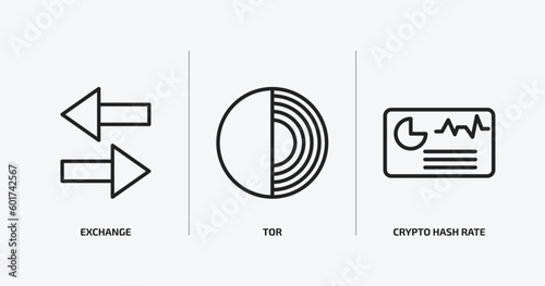 cryptocurrency outline icons set. cryptocurrency icons such as exchange, tor, crypto hash rate vector. can be used web and mobile.