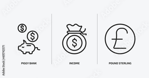 cryptocurrency outline icons set. cryptocurrency icons such as piggy bank, income, pound sterling vector. can be used web and mobile.