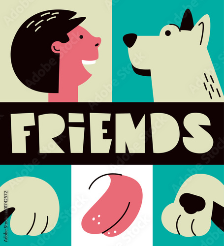 Happy dog and his owner look at each other. Friendship between man and animal. The dog gives a paw. Set of image in geometric style. Handwritten lettering. Paw of a fleeing animal. Protruding tongue.