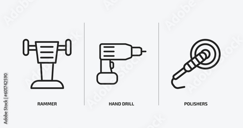 construction tools outline icons set. construction tools icons such as rammer, hand drill, polishers vector. can be used web and mobile.
