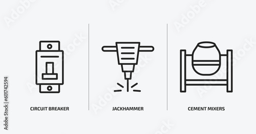 construction tools outline icons set. construction tools icons such as circuit breaker, jackhammer, cement mixers vector. can be used web and mobile.