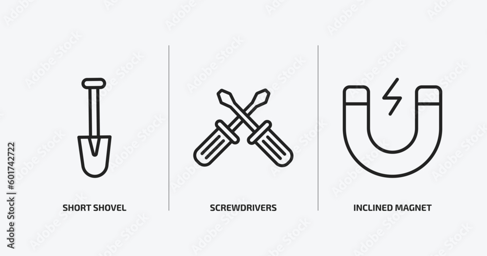construction outline icons set. construction icons such as short shovel, screwdrivers, inclined magnet vector. can be used web and mobile. construction outline icons set. construction icons such as short shovel, screwdrivers, inclined magnet vector. can be used web and mobile.