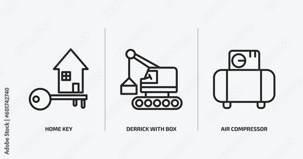 construction outline icons set. construction icons such as home key, derrick with box, air compressor vector. can be used web and mobile.