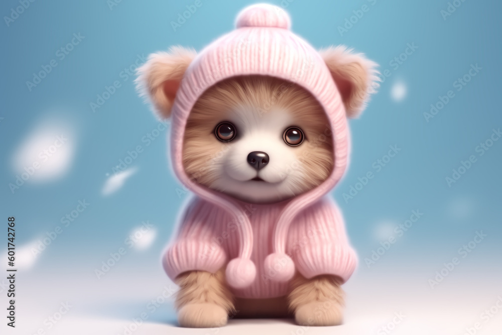 A cute, little, baby puppy in warm winter clothes, symbol of love. Pastel, dog, animal concept. Valentine's Day, love, cute fairy tale creature. Illustration, Generative AI A cute, little, baby puppy in warm winter clothes, symbol of love. Pastel, dog, animal concept. Valentine's Day, love, cute fairy tale creature. Illustration, Generative AI