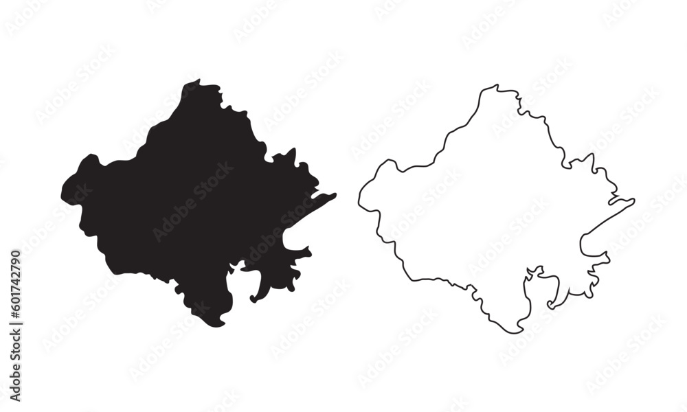 Rajasthan map vector silhouette isolated on white. One of the states of India. Rajasthan map vector silhouette isolated on white. One of the states of India.